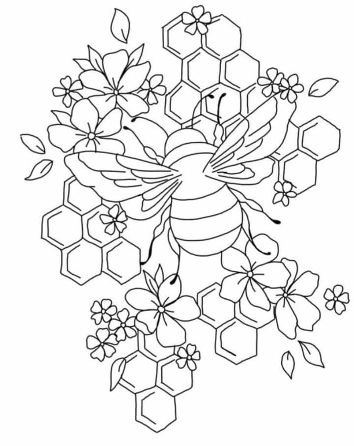 a drawing of a bee and flowers with honeycombs in the backgroud