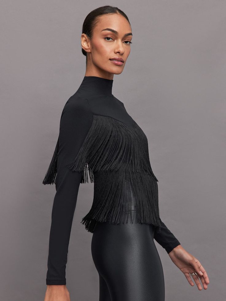 Fringe Mock Neck in Melt - Black Fringe Midi Skirt, Fringe Tops, Fringe Top, Carbon 38, The Fringe, Tops For Women, Mock Neck, Midi Skirt, Top Brands