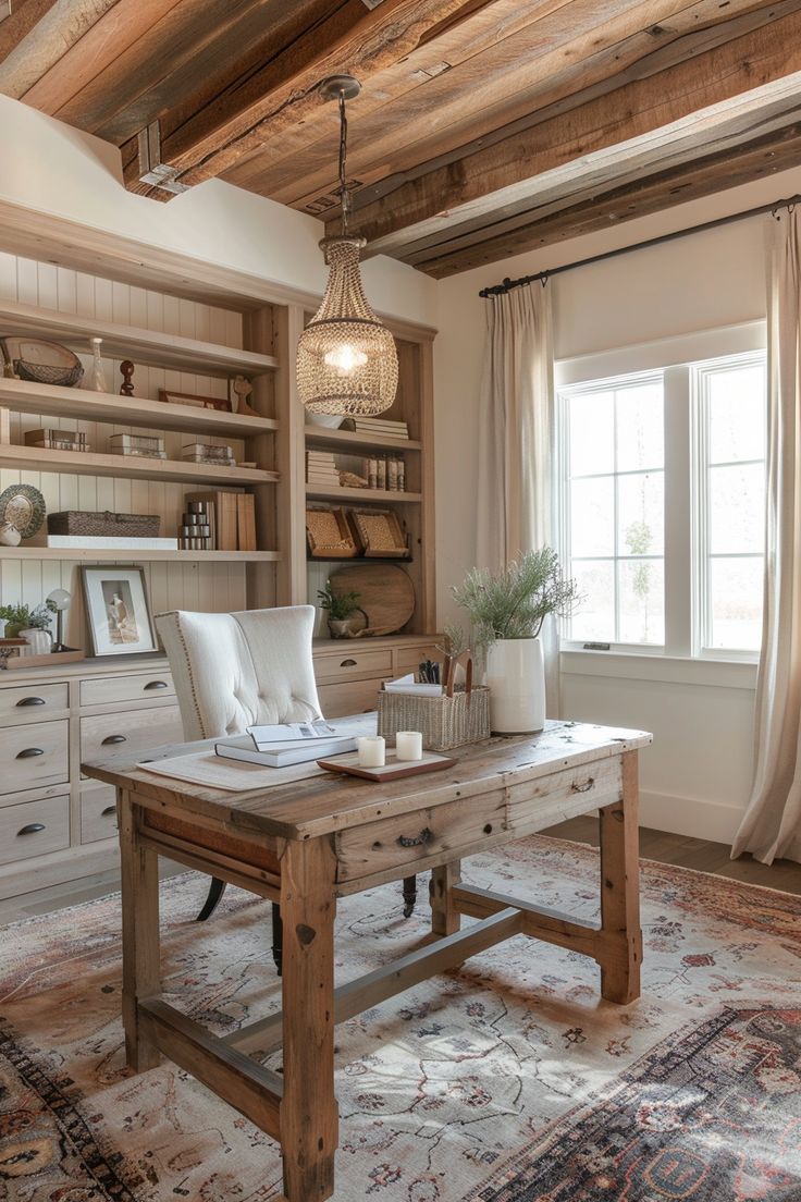 a room with a desk, bookshelf and window in the middle of it