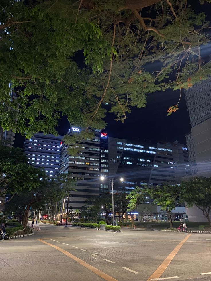 an empty city street at night with tall buildings in the background and trees on both sides