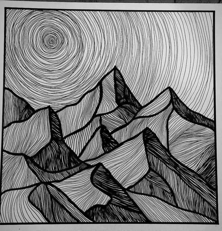 a black and white drawing of mountains under a star filled sky with stars in the sky