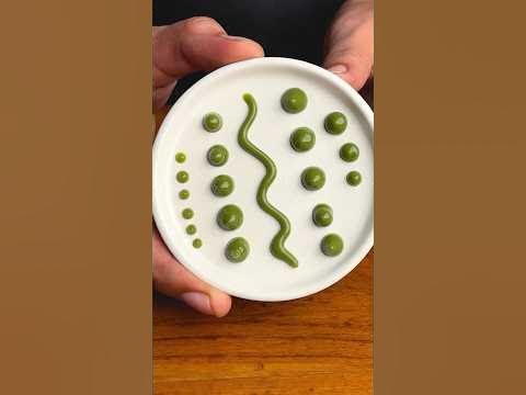 a person holding a white plate with green peas in the shape of a spiral on it