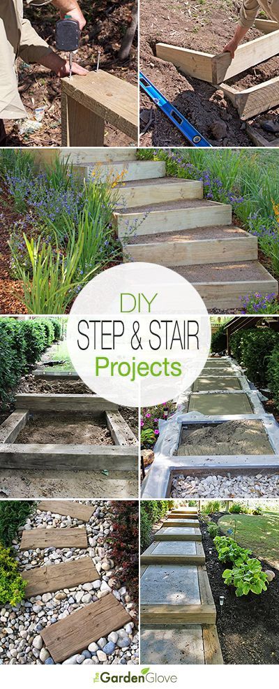 the steps are made out of wood and have plants growing on them, while someone is working