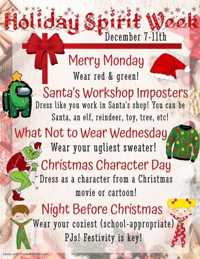 the holiday spirit week poster is shown