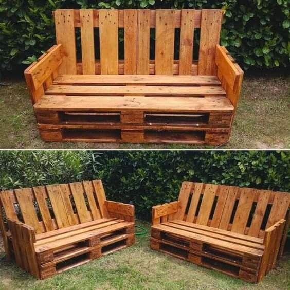 two pictures of wooden benches made out of pallets