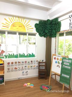 the classroom is decorated with green and yellow decorations for children's birthdays or school days