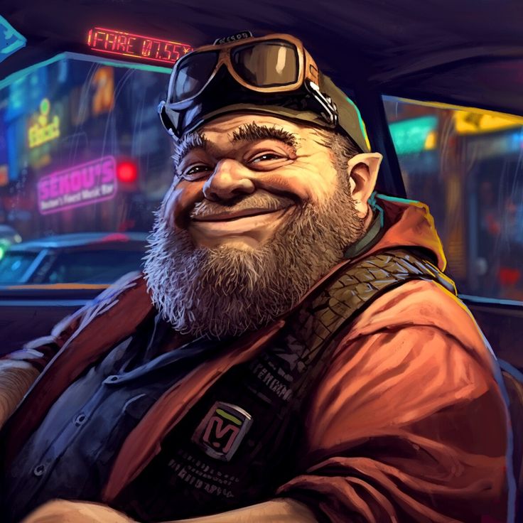 a caricature of a smiling man with goggles on his head and beard