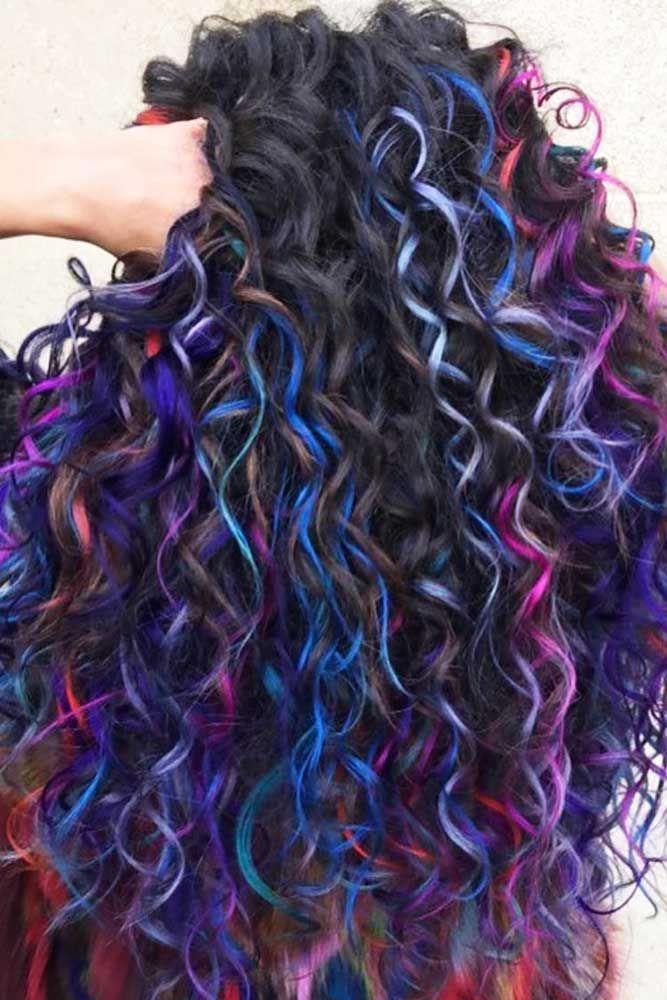 Many Colors For Long Curly Hair #longhair #curlyhair #brunette #highlights Dark Purple Hair Color, Curly Color, Dark Purple Hair, Dyed Curly Hair, Colored Curly Hair, Hair Color Purple, Hair Dye Colors, Mermaid Hair, Rainbow Hair