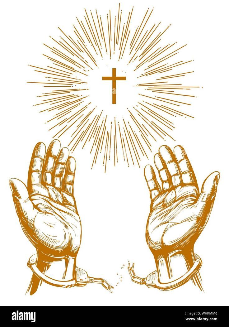 two hands with the cross above them and rays coming out from behind it, as if they