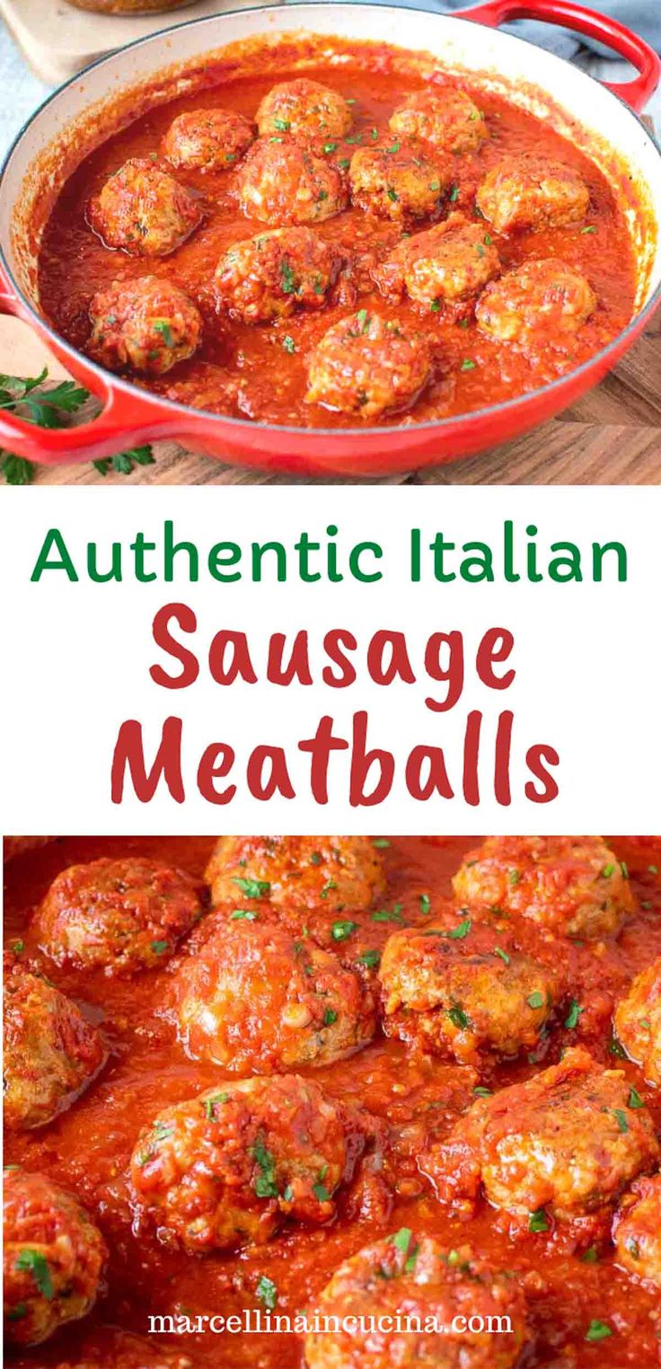 an italian sausage meatballs recipe in a red skillet with the title above it