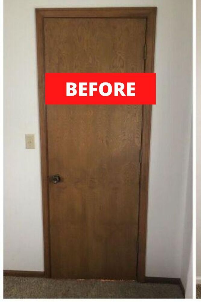 the before and after pictures of a door with red tape on it, showing how to paint wood doors