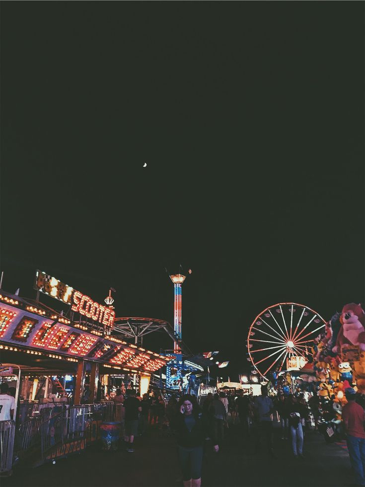 people are walking around an amusement park at night