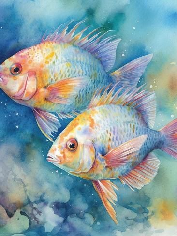 two gold fish are swimming in the ocean watercolors and ink on paper, each one is different colors