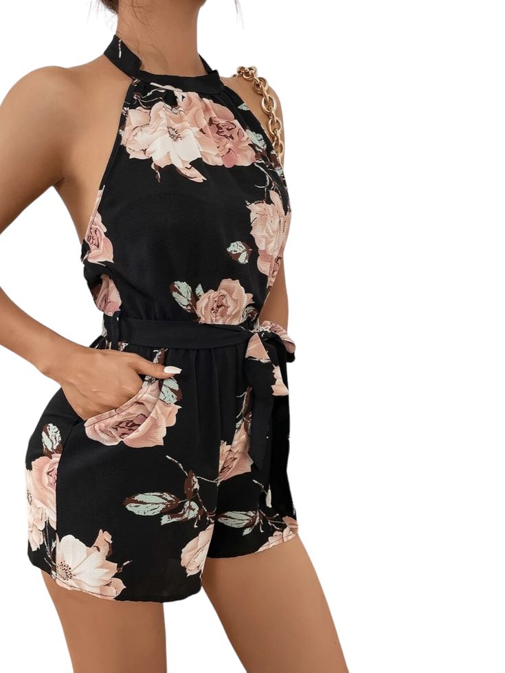 This Floral Backless Belted Romper is a stylish and versatile addition to your wardrobe. Featuring an all-over floral pattern in black, this boho-inspired romper is perfect for any occasion. The belted waistline cinches in your curves, while the tie-back and pocket details give it a modern edge. Made from lightweight polyester fabric with non-stretch properties, this piece will keep you comfortable all day long without compromising on style. Plus, with its easy care instructions, you can machine Comfy Jumpsuits, Belted Romper, Boho Patterns, Style Noir, Pocket Detail, Tie Backs, Black Fashion, Floral Pattern, Polyester Fabric