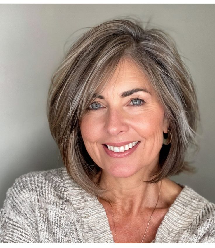 Layered Bob For Thick Hair Over 50, Growing Out Layers Haircut, Grey Layered Bob, Short Bob Haircuts With Layers, Short Bob With Layers, Short Hair Edgy, Shoulder Bob, Grey Bob Hairstyles, Grey Hair Care