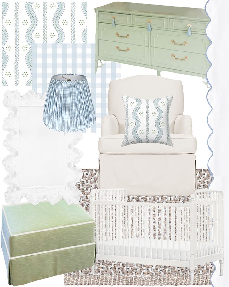 a baby's nursery room with blue and white decor, including a crib, dresser, chair, lamp, and bed