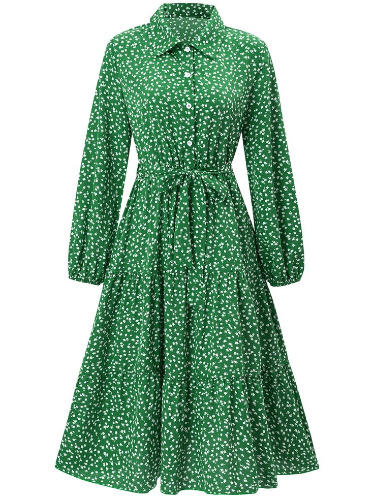 Printed Lace-Up Long-Sleeved Dress - Green,M Green A-line Long Sleeve Dress For Spring, Casual Green A-line Shirt Dress, Casual Long Sleeve Dress For Spring, Casual A-line Long Sleeve Dress, Green Fitted Long Sleeve Casual Dress, Spring Mid-length Long Sleeve Dress, Casual Green Long Sleeve Maxi Dress, Fitted Green Long Sleeve Shirt Dress, Green Fitted Long Sleeve Shirt Dress