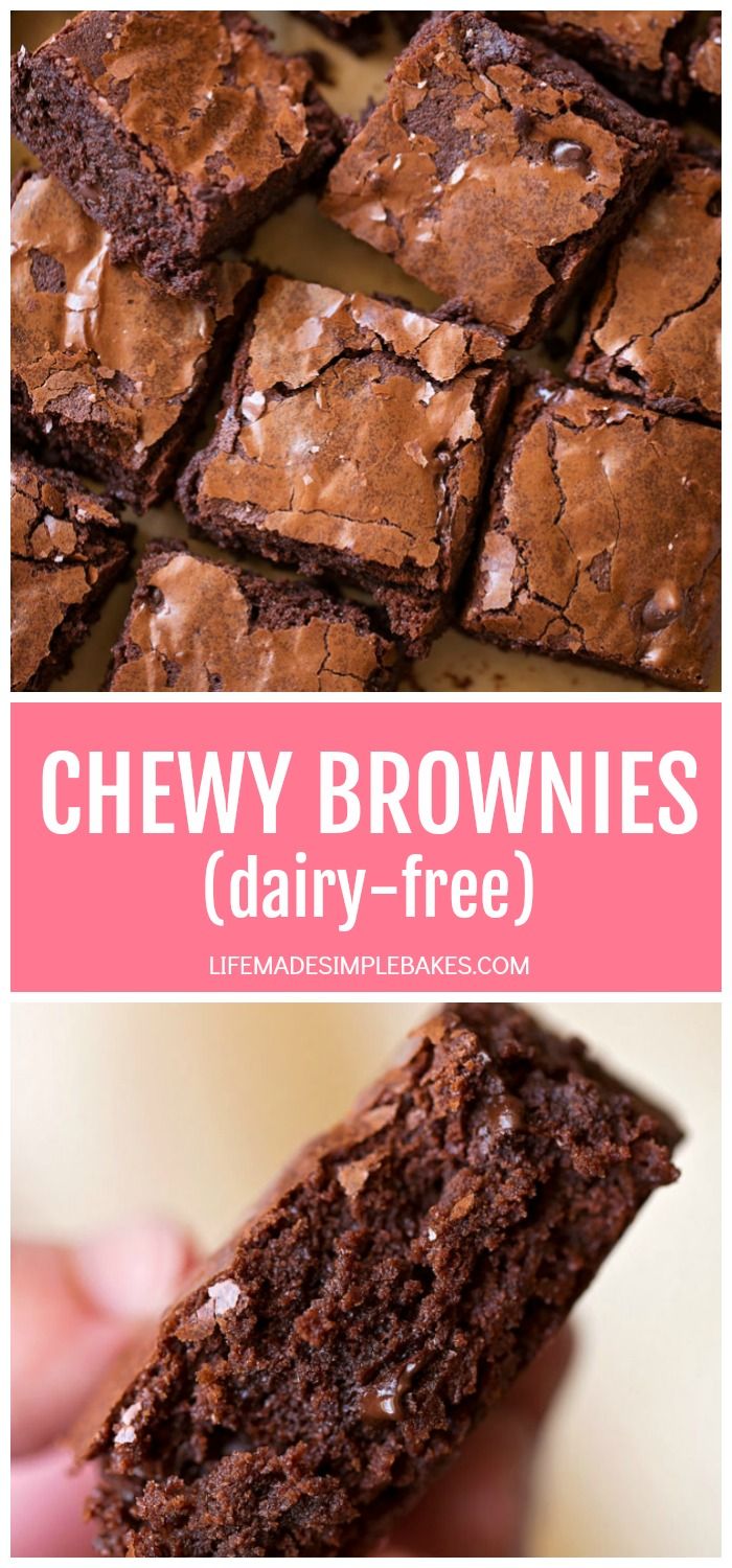 chewy brownies with chocolate chips on top and the words chewy brownies dairy - free