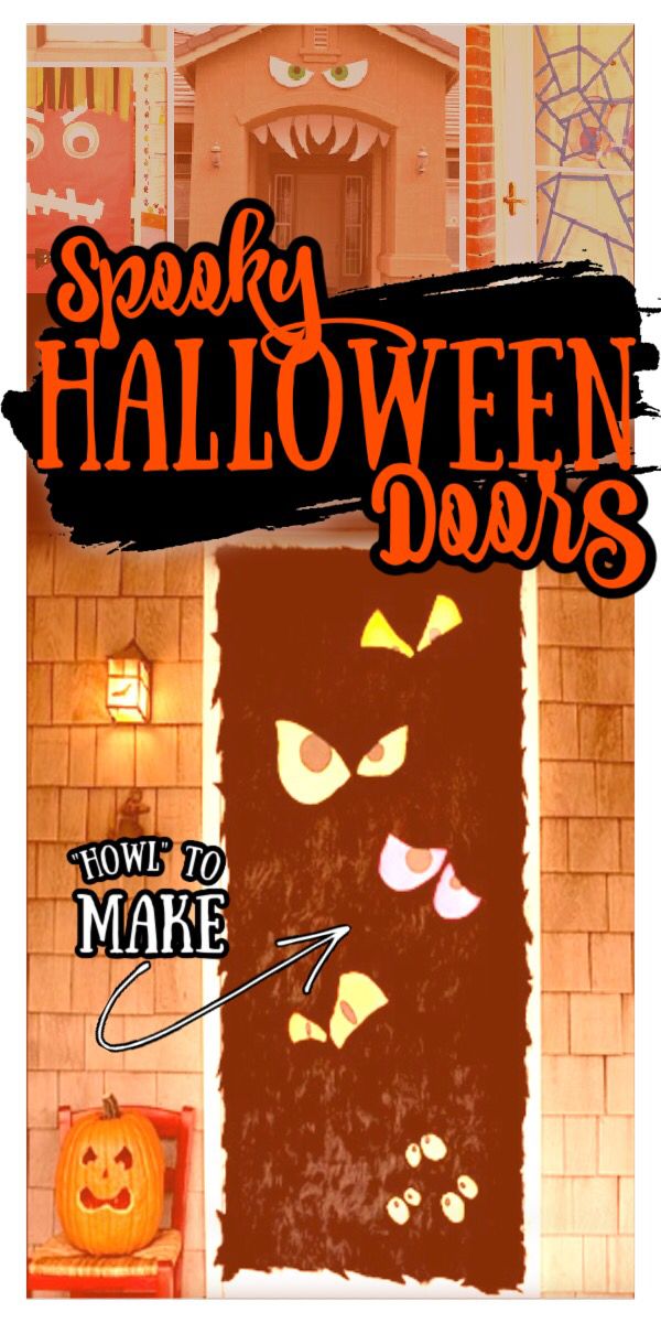 a halloween door with the words spooky halloween doors below it and an image of a cat's face