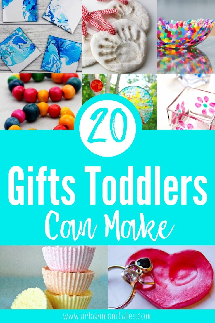 the words 20 gifts toddlers can make with images of crafts and crafting items