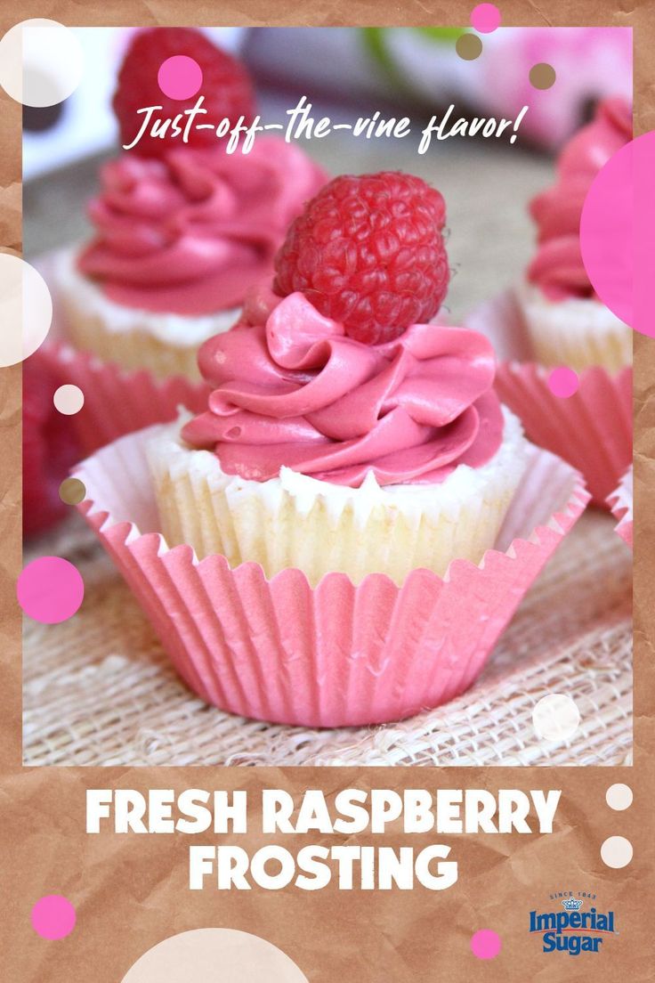 raspberry frosting on top of cupcakes with the words fresh raspberry frosting