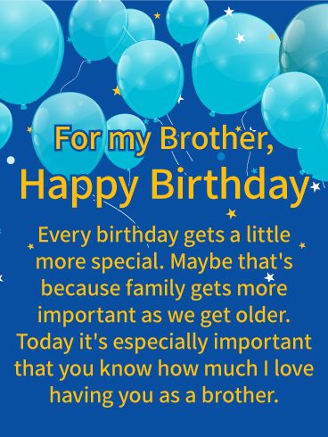 a birthday card for brother with balloons and stars on the blue background, reads for my brother, happy birthday