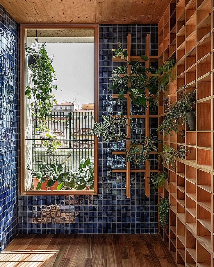 a room with blue tiles and wooden shelves filled with plants on the windowsills