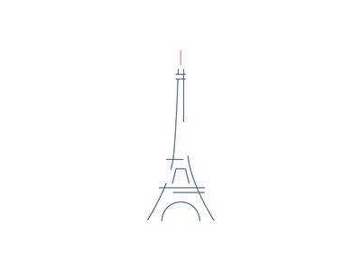 the eiffel tower is shown in blue ink on a white background with an orange line