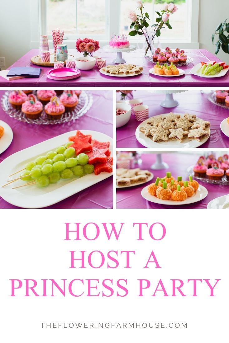 how to host a princess party with pink and purple decorations, food, and desserts