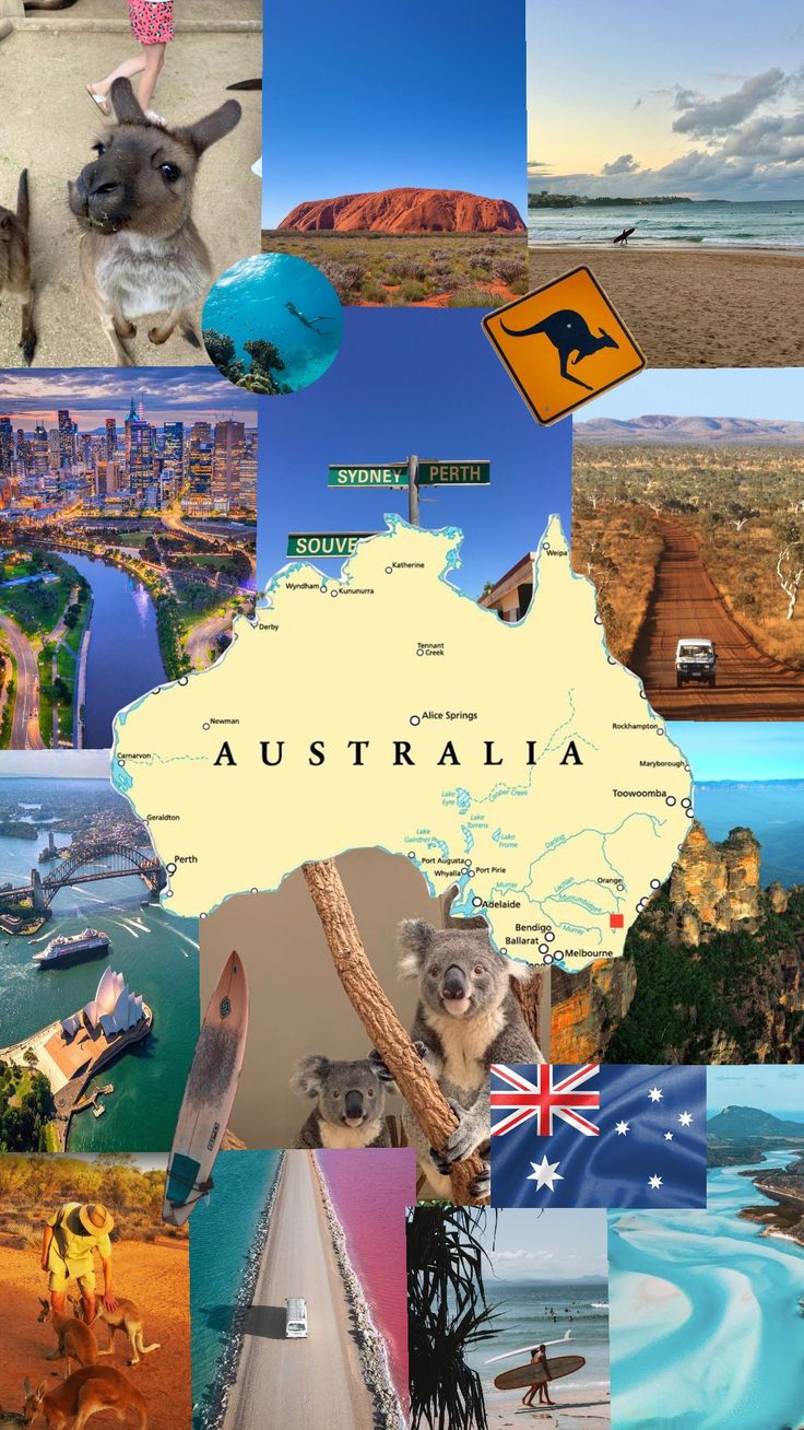 australia collage with many different pictures including animals and the country's name on it