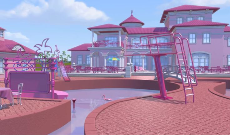 an animated rendering of a pink house with a pool and playground in the foreground