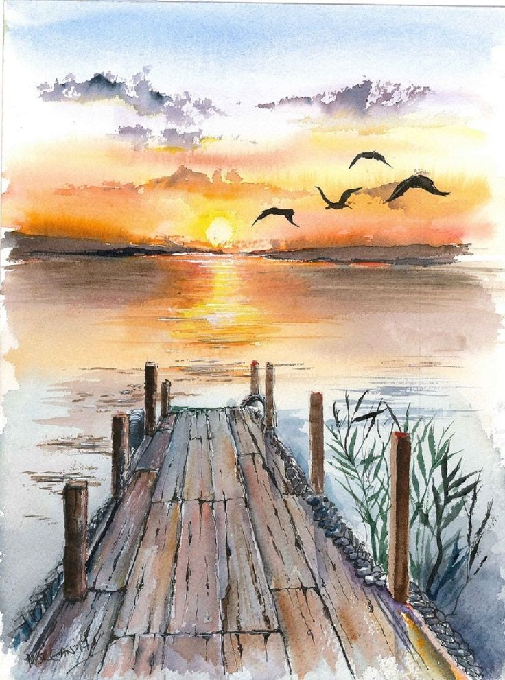 a watercolor painting of a dock with birds flying in the sky and sunset behind it