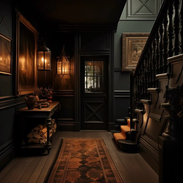 the hallway is dark and lit up with candles on the wall, along with an antique rug