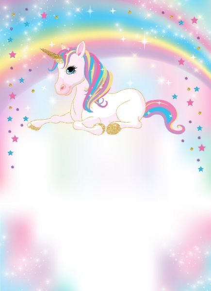 a unicorn flying over a rainbow in the sky with stars and clouds above it is an empty space for text