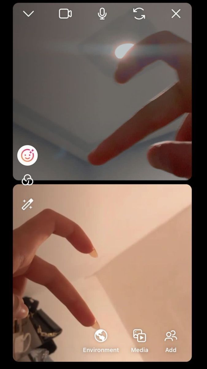 two screens showing the same hand and fingers as they are touching each other's fingertips