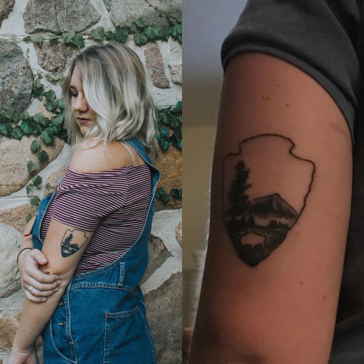 a woman with a tattoo on her arm next to an image of a lake and mountains