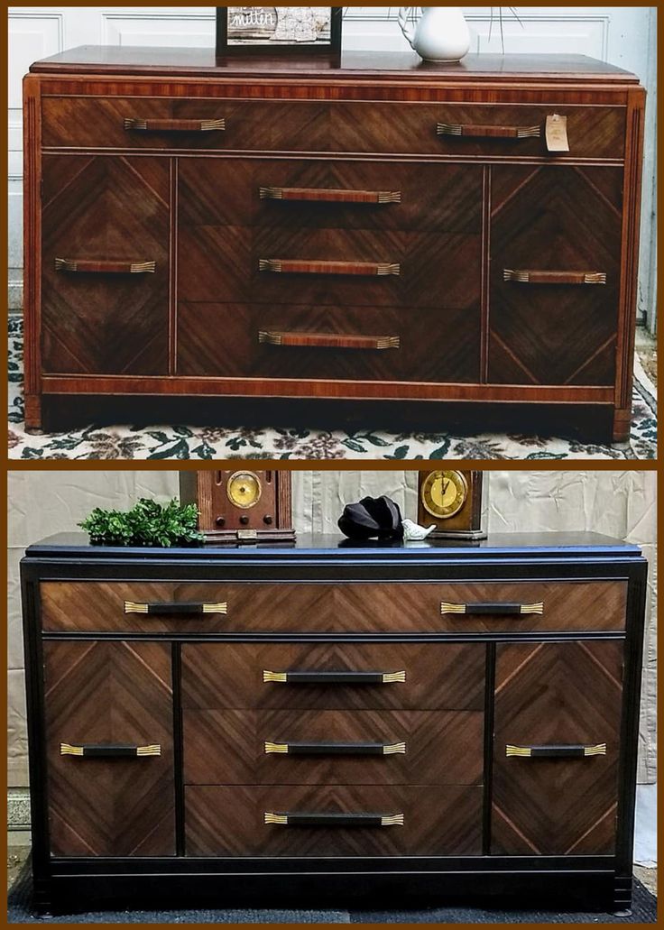 an old dresser is transformed into a modern sideboard with wood grain and brass hardware