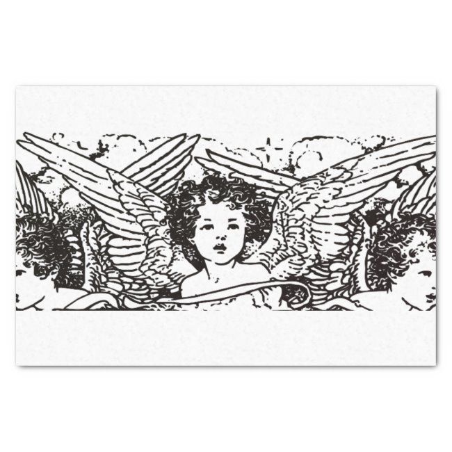 a black and white drawing of an angel with two women in front of her, surrounded by angels