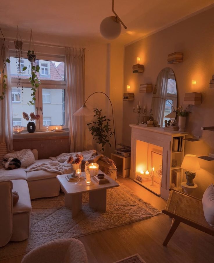 a living room filled with furniture and a fire place in front of a large window