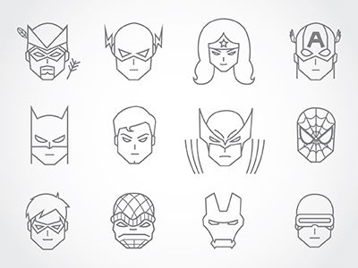 the different types of superhero masks are shown in black and white on a light background