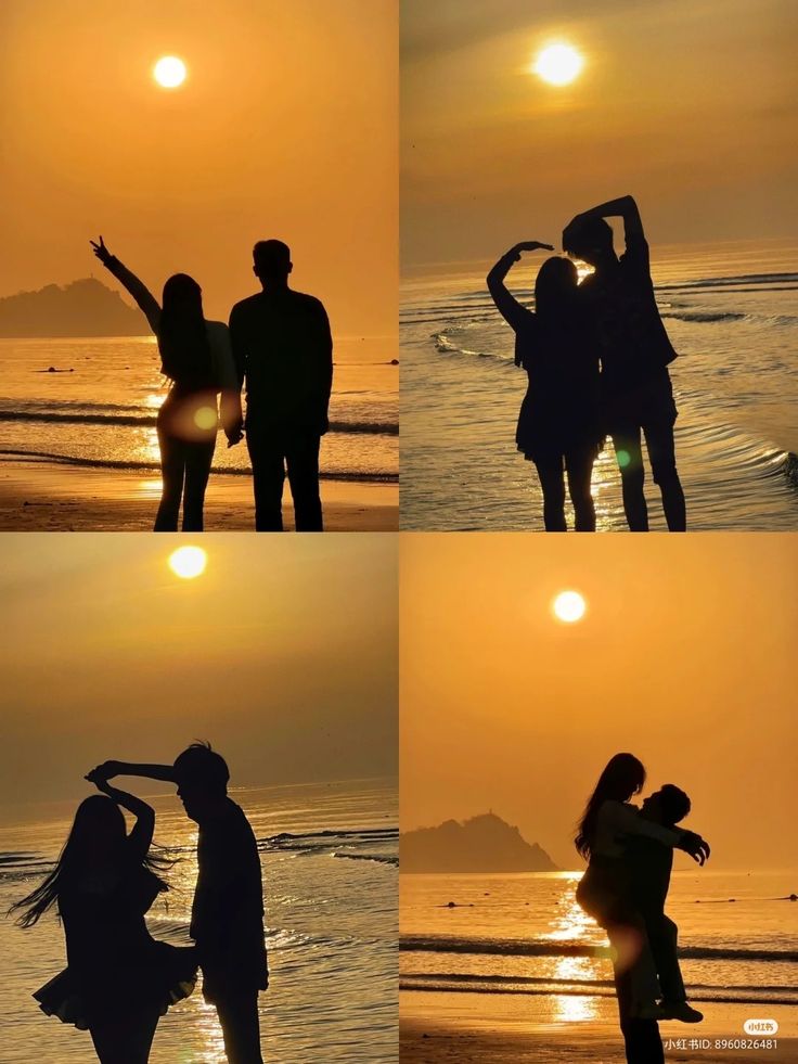 four different pictures of people standing on the beach at sunset or sunrise, with one person holding his arm up