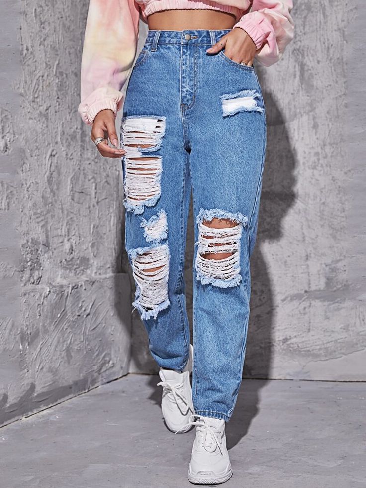 Free Returns ✓ Free Shipping On Orders $49+ ✓. High Waist Ripped Jeans- Women Jeans at SHEIN. Trendy Jeans Outfits, Baggy Ripped Jeans, Cute Ripped Jeans, Ripped Jeans Style, Ripped Jeans Women, Ripped Jeans Outfit, Mom Jeans Outfit, Trendy Jeans, Outfit Jeans