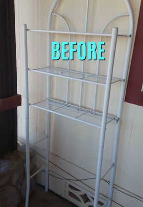 a white metal shelf with the words before and after