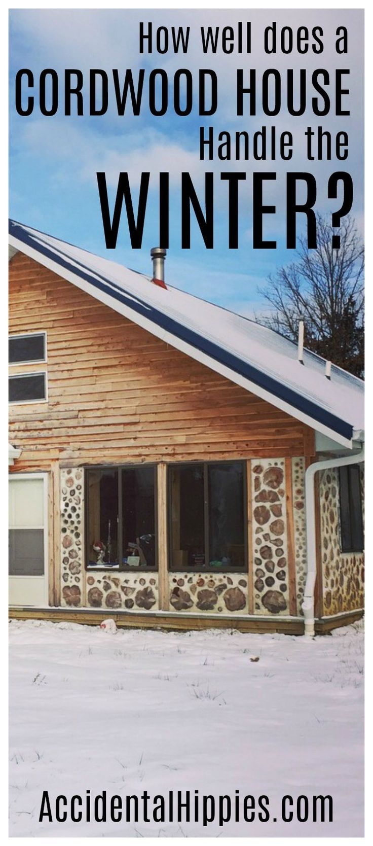 a house with the words how well does a cordwood house handle the winter?