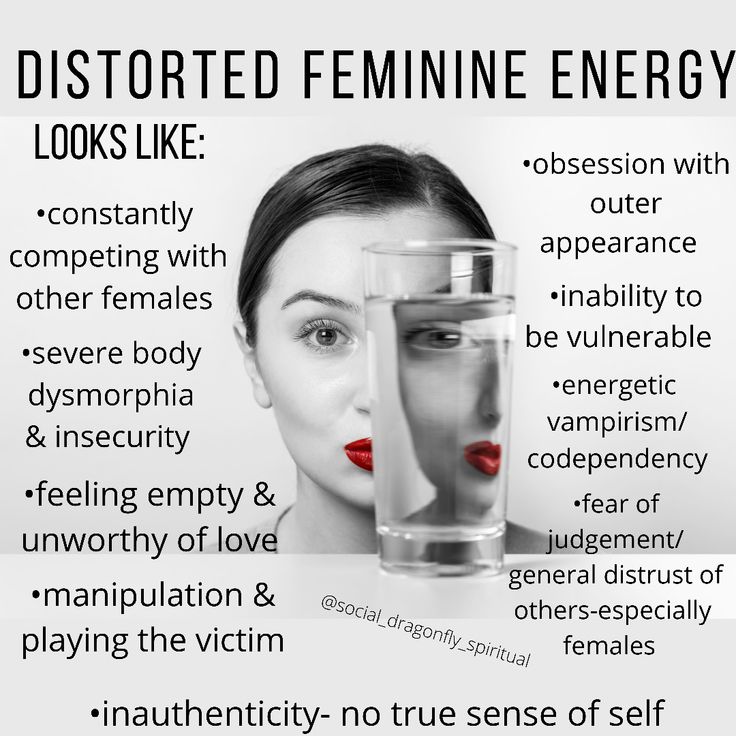 a woman's face with the words distored feminine energy looks like