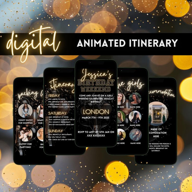 the digital poster for an animated itinerary with gold and black lights in the background