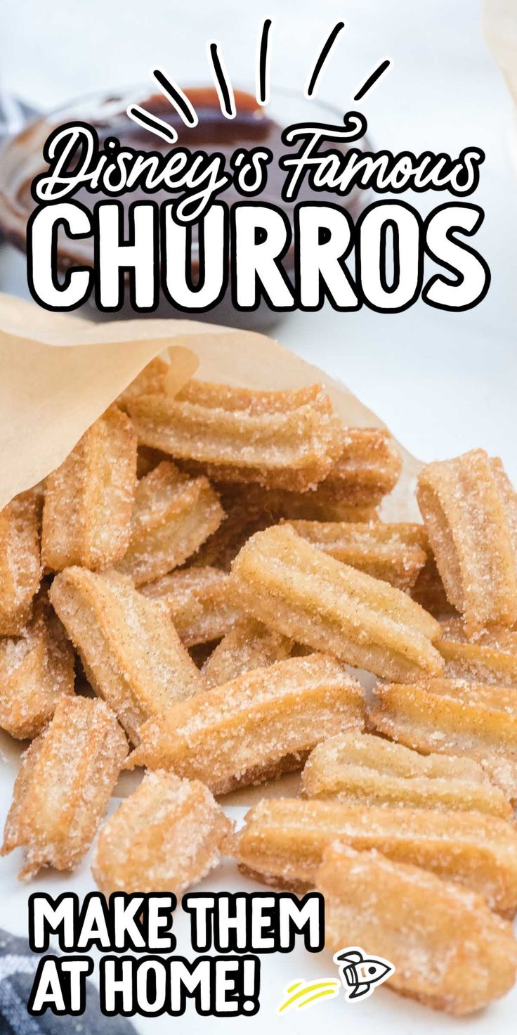 some kind of food that is sitting on a paper bag with the words disney's famous churros make them at home