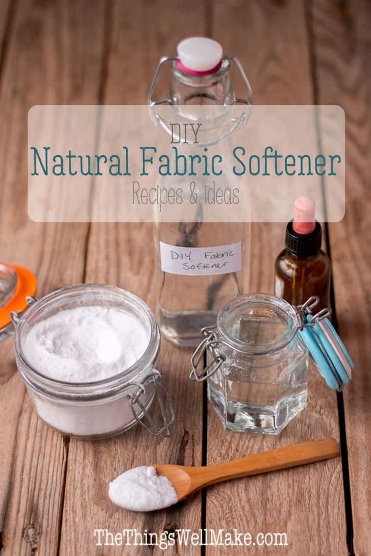 diy natural fabric softener recipe ingredients on wooden table with text overlay that reads diy natural fabric softener recipe