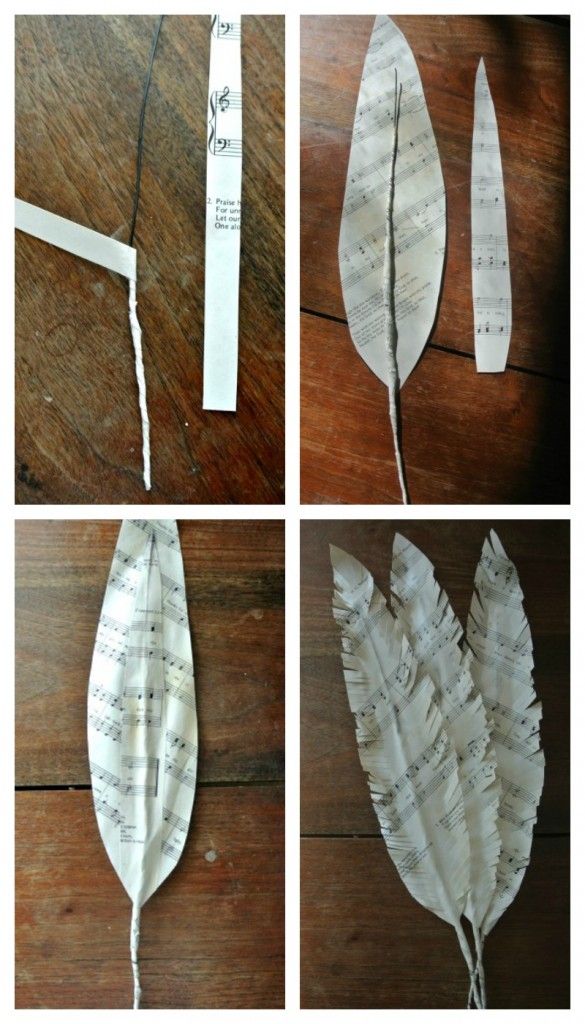 four different stages of making a paper leaf with music sheets attached to the leaves and tape