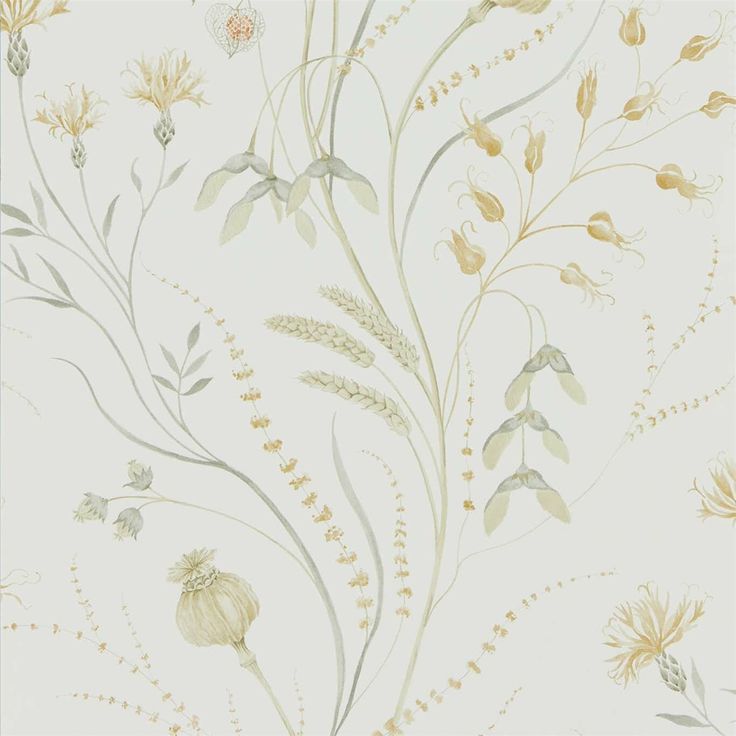 a wallpaper with flowers and plants painted on the side of it in gold, grey and white